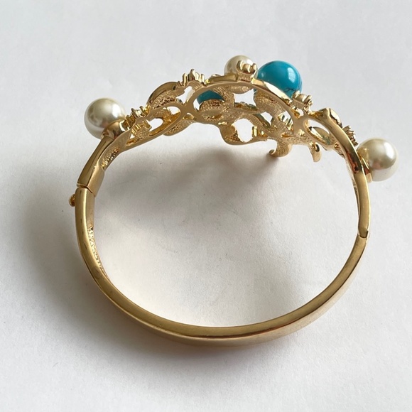 Natural Turquoise Rhinestone Faux Pearl Gold Colour Necklace, Bracelet, Earrings - Picture 5 of 7